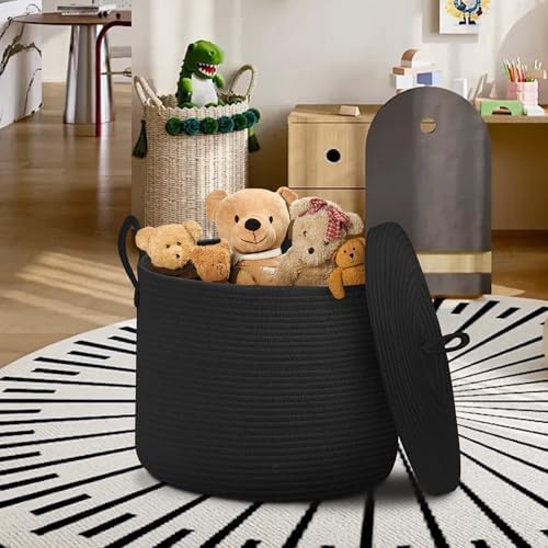 18" X 14" Large Black Basket with Lid, Cotton Rope Storage Basket for Blanket, Toy, Pillow, Towel, Living Room Bedroom Storage Bin, Wicker Woven All Black Organizing Bin with Cover - Image 3