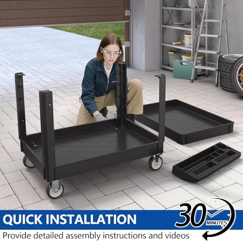 2 Tier Plastic Rolling Cart Utility Cart on Wheels, Heavy Duty Tool Carts with Ergonomic Storage Handle and Deep Shelfs, Work Cart Service Carts for Garage, Warehouse, Workshop, Office, Cleaning - Image 4