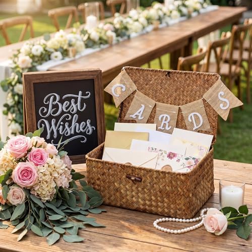 Geelin Seagrass Wedding Card Basket with Burlap Banner Woven,Coffee - Image 4