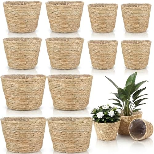 AceOrbit 12 Pcs Wicker Plant Basket Bulk with Liners Woven Planter Baskets Bulk for Indoor Outdoor Seagrass Plants Woven Wicker Baskets for Flower Pots Cover and Room Decor (Mixed Size,Rustic) by Unknown