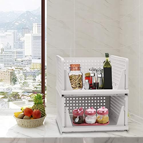 Folding Wardrobe Storage Box 4-Pack Plastic Drawer Organizer Stackable Shelf Baskets Cloth Closet Containers Bin Cubes,Home Office Bedroom Laundry Fold Pull Out Dividers for Clothes,Toys White - Image 4