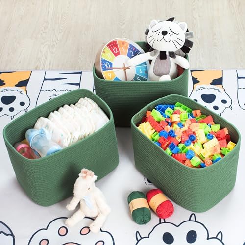 MINTWOOD Design 3-Pack Decorative Woven Storage Baskets for Shelves, Cube Bin Box for Organizing Books, Shoes, Dog Toys, Pantry Closet and Living Room Organizer, Forest Green - Image 5