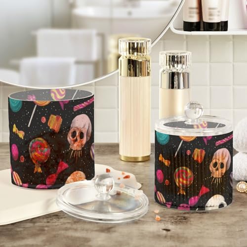 Halloween Skulls Lollipops Bats Qtip Holder Waterproof Dustproof Apothecary Jars with Lids For Bathroom Cotton Swabs Makeup Sponges Floss Picks Bath Salts 2 Pack - Image 4