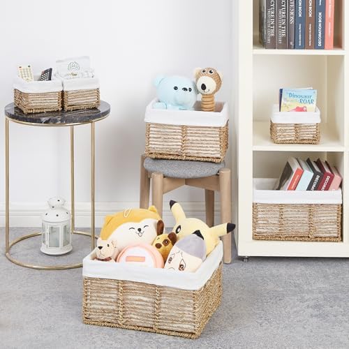 Vagusicc Wicker Storage Basket, 6 Pack Seagrass Baskets for Organizing, Wicker Baskets with Handle, Rectangular Woven Basket for Storage Shelves, Cube Storage Bins for Closet/Clothes/Dresser - Image 4