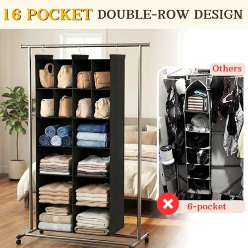 6 Tier Hanging Closet Organizer, 16 Compartments Dual Row Storage, Black - Image 4