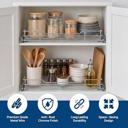 Garvee Pull Out Cabinet Organizer, 12" W X 21" D, Heavy Duty Slide Out Kitchen Organizers and Storage, Full-Extension Roll out Shelf and Drawer for Pots, Pans & Under Sink Storage, Chrome Finish - Image 6