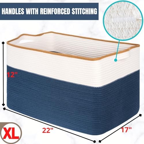 MINTWOOD Design 22in Extra Large Blanket Basket Holder Living Room, Rectangle Rope Woven Storage Basket with Handles for Laundry, Pool Towels, and Shoes, Dog Toy Organizer Bin Box, Prussian Blue - Image 7