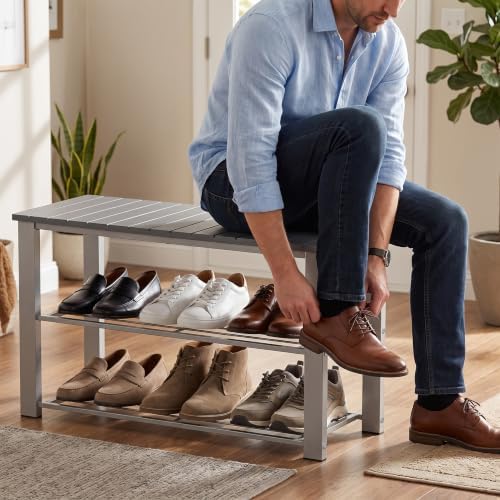 Simple Houseware Wooden Top Shoe Rack Bench for Entryway, Grey - Image 4