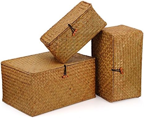 Woven Wicker Storage Bins with Lid, Seagrass Basket for Shelf Organizer, Extra Large, Set of 3 - Image 4