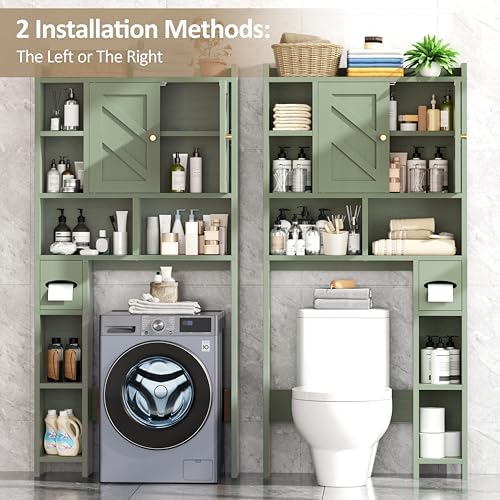 Over The Toilet Storage Cabinet, 64.6" Tall Bathroom Organizer Space Saver with Toilet Paper Holder & Adjustable Shelf, Freestanding Wood Cabinet for Small Space, Green - Image 4