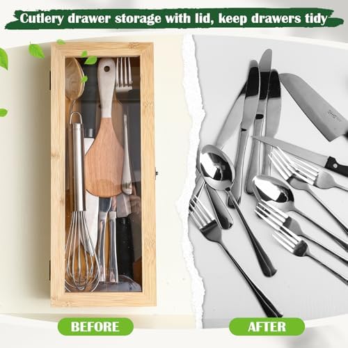 Baderke 2 Pieces Bamboo Drawer Organizer with Clear Lid Stackable Utensil Organizer Kitchen Silverware Holder Bamboo Flatware Cutlery Storage Box in Drawer - Image 4