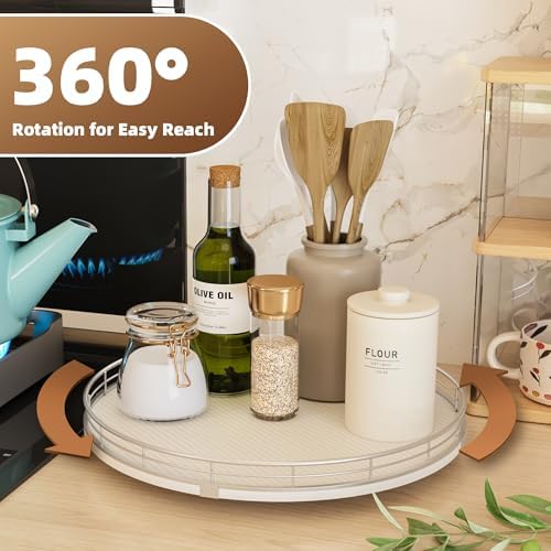 13" Lazy Susan Turntable Organizer for Table Top, Round Wooden Lazy Susan for Cabinet Kitchen Decor Centerpieces Coffee Table, Storage Condiments Spices, Bathroom Vanity Tray for Soap, White - Image 3