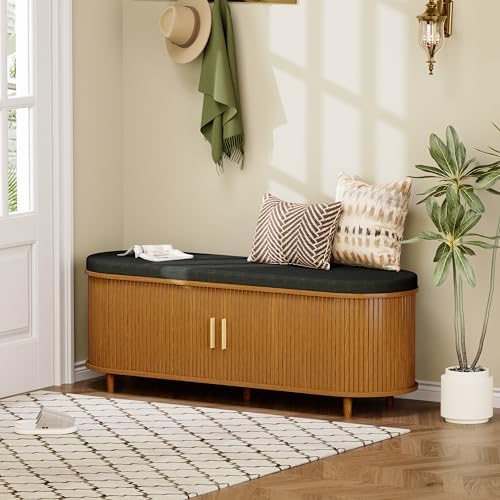 DHH 2-Tier Storage Bench,Wide Shoe Bench with Thickened Padded Seat Cushion, Mid Century Modern Fluted Sliding Door and Adjustable Shelf, for Entryway, Living Room, Bedroom (Yellow Walnut, 51.2”) - Image 5