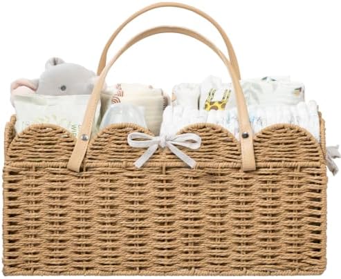 HBlife Large Baby Diaper Caddy, Paper Rope Scalloped Storage Baskets Nursery Bin with Removable Divider, Portable Car Organizer for Diapers, Baby Shower Gifts, Newborn Essentials Must Haves, Brown by HBlife