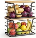 ALOCEO 2 Pack Stackable Wire Storage Basket with Bamboo Lid, Stainless Steel Extra Large Trash Bag Dispenser Roll Holder for Kitchen Sink, Kitchen Storage Bins for Potato and Onion, Black by ALOCEOWallHooksAdhesive