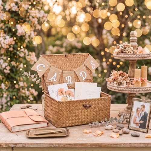 Geelin Seagrass Wedding Card Basket with Burlap Banner Woven,Coffee - Image 7