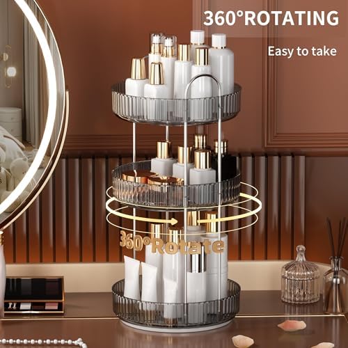 YCIA&DONE 360 Rotating Makeup Organizer and Storage for Vanity Countertop 3 Tiers, High Capacity Cosmetic Skincare Perfume Organizers for Dresser Bathroom Lazy Susan (Smoky Gray) - Image 2