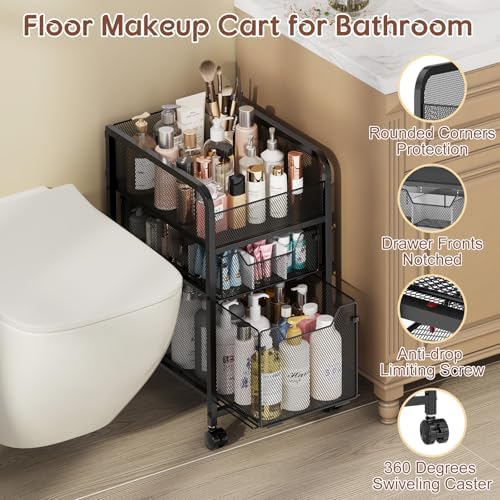 Hongtamoya Rolling Makeup Cart Organizer with 2 Drawers, Narrow Floor Skincare Organizers, Vanity Organizer Cosmetics Display Cases Holder for Skin Care Nail Polish Perfume Makeup Brush, Black - Image 5