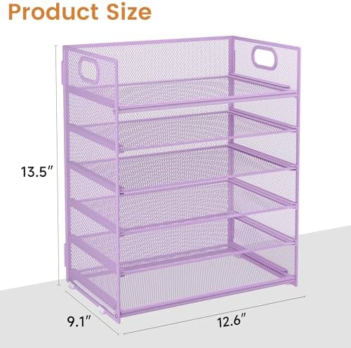 Subekyu 6 Tier Paper File Tray Organizer for Desk, Purple Mesh Desk Letter Paper File Folder Accessories Sorter Organizer with Handle, Stackable Slide Tray for Office, Home or School Supplies Storage - Image 6
