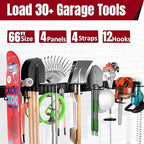 66" Garage Tool Organizer Wall Mount,20 PCS Wall Mounted Garden Tool Storage Rack Carries 720lbs, 4-Panel Steel Tool Hanger System for Shovels Rakes Brooms – Fits 16" Wall Studs - Image 2