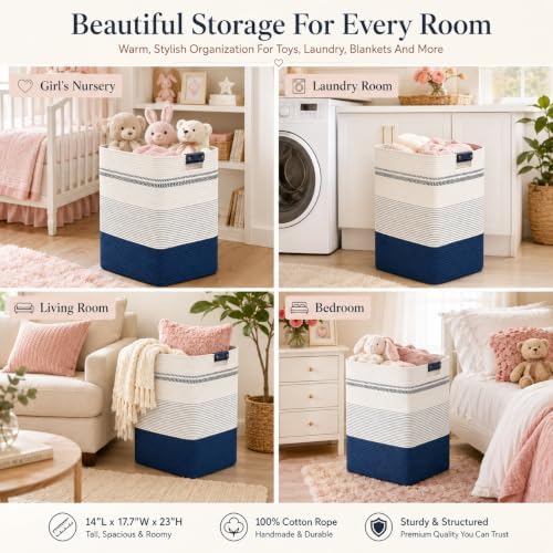 Laundry Hamper, Cotton Rope Laundry Basket with Leather Handles, 25.1-Gallon/95 L Large Clothes Hampers for Laundry, Woven Laundry Baskets for Blankets, Clothing, Bedroom, Living Room, Nursery - Image 6