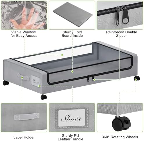 Tututry Under Bed Storage with Wheels, XXL 60L Under the Bed Storage Bins, Underbed Storage Containers with Lids & Label, Rolling Metal Drawer for Shoes, Clothes, Books, Toys (4-Pack Gray) - Image 4