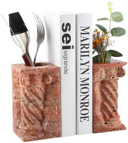 Decorative Roman Column Book Ends & Vase - Heavy Duty Marble Book Ends for Heavy Books, Vintage Home Office Decor, Dual Use as Flower Vase, Natural Stone Bookends for Shelves (2PC, Red) by BCS