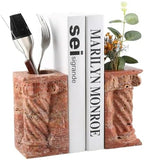 Decorative Roman Column Book Ends & Vase - Heavy Duty Marble Book Ends for Heavy Books, Vintage Home Office Decor, Dual Use as Flower Vase, Natural Stone Bookends for Shelves (2PC, Red) by BCS