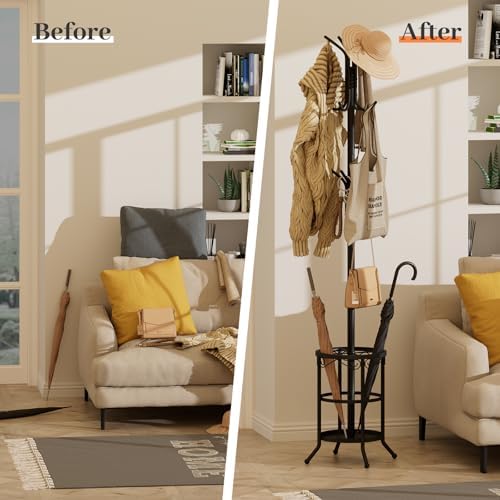 Coat Rack Freestanding with Umbrella Holder – Metal Hanger Stand, Hall Tree with 12 Hooks, Entryway Organizer for Hats, Bags, and Clothes (Black) - Image 5