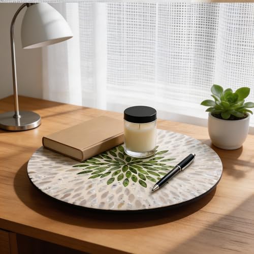 13.4" Mother of Pearl Lazy Susan, Table Centerpiece Round Shell Decorative Lazy Susan Turntable Rotating Tray Organizer for Cabinet Counter Gift Kitchen Office Cafe Home Decor (White Green) - Image 7