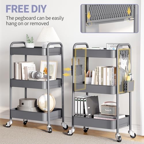 TOOLF 3 Tier Rolling Cart, Metal Utility Storage Cart with Pegboard, Grey - Image 3