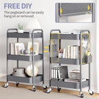 TOOLF 3 Tier Rolling Cart, Metal Utility Storage Cart with Pegboard, Grey - Image 3