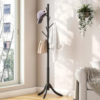 kiplant Black Coat Rack Stand, Bamboo Wood Freestanding Coat Tree with 8 Hooks, Hallway Entryway Hat Hanger Organizer Standing for Bedroom, Office, Clothes, Jackets, Bags, Umbrallas - Image 5