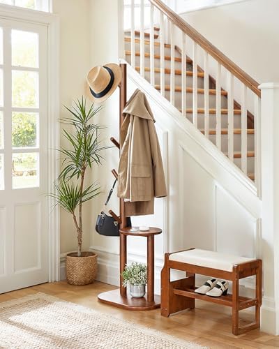 Pipishell Solid Wood Freestanding Coat Rack with 8 Hooks & Shelves, Brown - Image 2