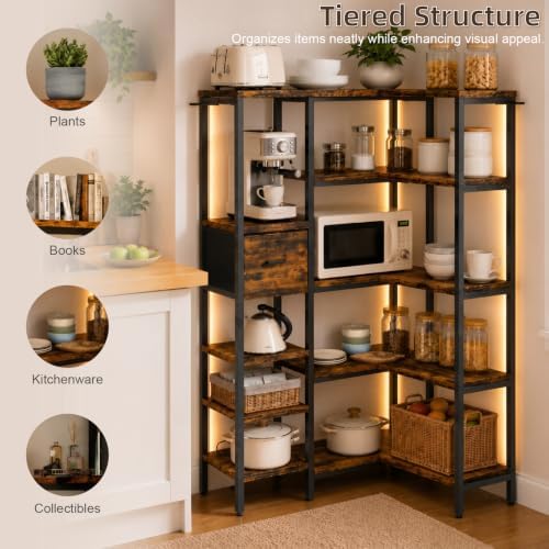 YOSHOOT L-Shaped Corner Bookshelf with LED Light Strips & Fabric Drawer, 5-Tier Industrial Convertible Book Shelf Freestanding Display Shelf for Living Room, Home Office, Bedroom (Rustic) - Image 3