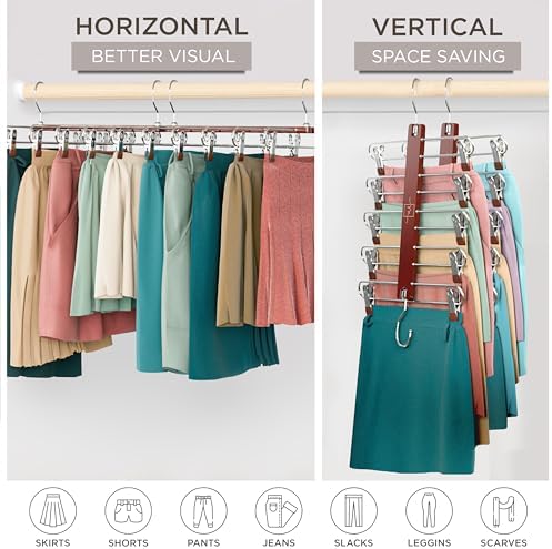MORALVE Skirt Hangers Space Saving with Clips - 2 Pack - European Beechwood 5-Tier Hanger for Shorts, Skirts, and Pants - Closet Organizer and Storage Solution for Women with 360° Swivel Hook - Image 4
