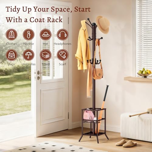 FAVOOSTY Coat Rack Freestanding,Coat Rack Stand with Umbrella Holder,Metal Coat Tree with 12 Hooks,Tree Clothes Hat for Entryway, Hallway, Bedroom, Living Room & Office -Brown - Image 2