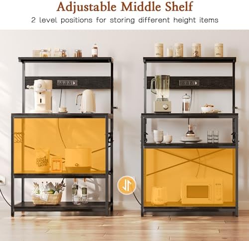 SUPERJARE Bakers Rack with Power Outlets, Microwave Stand, 31.5 X 16.5 Inch Larger Desktop, Kitchen Storage Rack with Adjustable Middle Shelf, 6 S-Shaped Hooks, Coffee Bar Stand, Black - Image 4