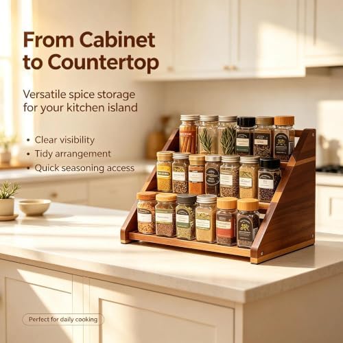 Acacia Wooden Spice Rack for Countertop - 3 Tiered Spice Rack Organizer for Cabinet - Kitchen Spices Organizers Holds 21 Jars - Spices Shelf for Kitchen Storage Pantry Seasoning Organizer - Image 5
