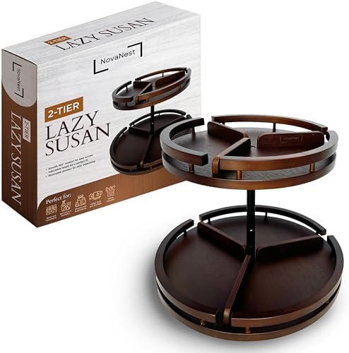 2 Tier Lazy Susan Organizer – 12" Bamboo Rotating Spice Rack Organizers with Adjustable Height Turntable for Cabinet, Pantry, Medicine Cabinet, Kitchen, Spinning Bathroom Counter Top Organizers by NovaNest