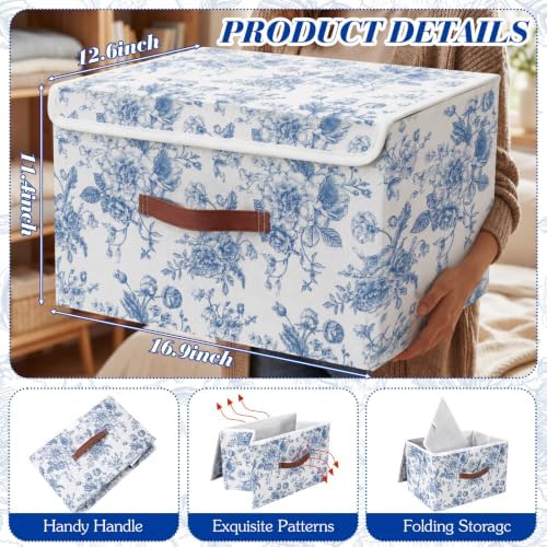 2 Pack Blue Floral Storage Bin with Lids, 17x11x12 Inch - Image 2