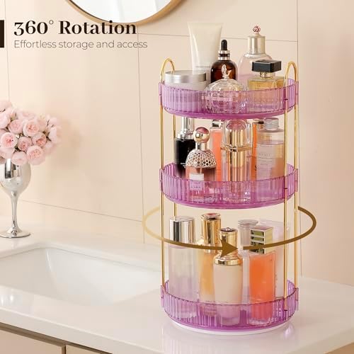 Aveniee Rotating Makeup Organizer for Vanity, Perfume Skincare Organizerss Large, Spinning Bathroom Counter Shelf Holder for Cosmetics, Skin Care, Lipsticks,3 Tiers, Purple - Image 2