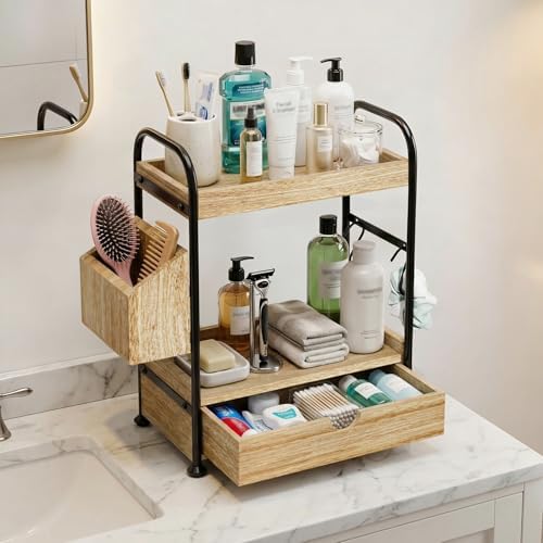 Kottwca 2-Tier Bathroom Counter Organizer, Wooden Vanity Shelf, Light Brown - Image 2