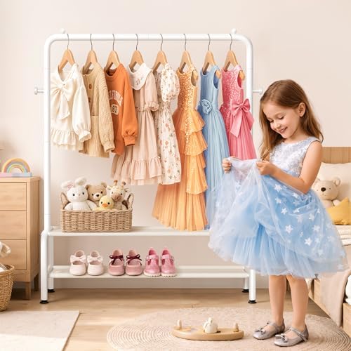 Kids Clothing Rack - Dress Up Clothes Rack - Baby Toddler Closet - Mini Freestanding Coat Racks with 2 Fabric Shelves - Small Kids Costume Wardrobe - Garment Rack for Hanging Clothes Organizer - Image 2