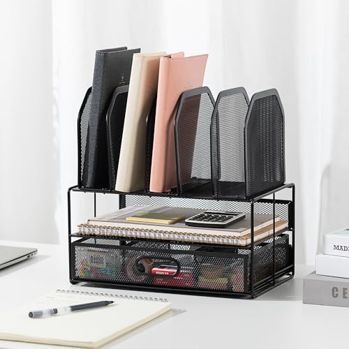 Amazon Basics Mesh Desk Organizer with Sliding Drawer, Double Tray and 5 Upright Sections, File Holder for Office Supplies, Paper Letter Tray, Black - Image 5