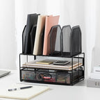 Amazon Basics Mesh Desk Organizer with Sliding Drawer, Double Tray and 5 Upright Sections, File Holder for Office Supplies, Paper Letter Tray, Black - Image 5
