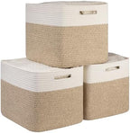 OIAHOMY 13 Inch Cube Storage Bins, 3-Pack Cotton Rope Woven Baskets for Organizing, Insert Storage Baskets for Shelves, Baby Nursery, Closet Organizer, 15 * 13 * 12.6IN, Brown & White by MasterofSpaceOptimization