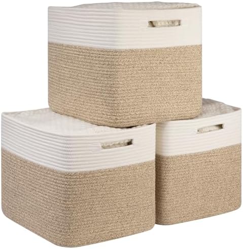 OIAHOMY 13 Inch Cube Storage Bins, 3-Pack Cotton Rope Woven Baskets for Organizing, Insert Storage Baskets for Shelves, Baby Nursery, Closet Organizer, 15 * 13 * 12.6IN, Brown & White by MasterofSpaceOptimization