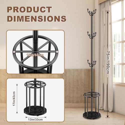 Coat Rack Freestanding, Coat Rack Stand with Umbrella Holder, Coat Tree, Coat Hanger Stand with 12 Hooks for Clothes Bag Hats, Hat Rack Hall Tree Coat Hanger Umbrella Stand for Entryway - Image 2