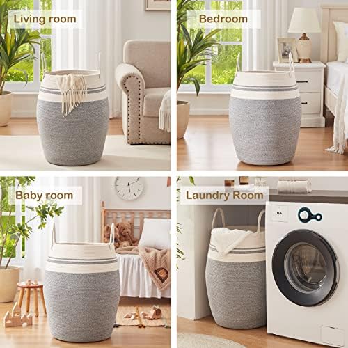 OIAHOMY 105L Laundry Hamper Cotton Rope Large Clothes Hamper White & Grey - Image 7